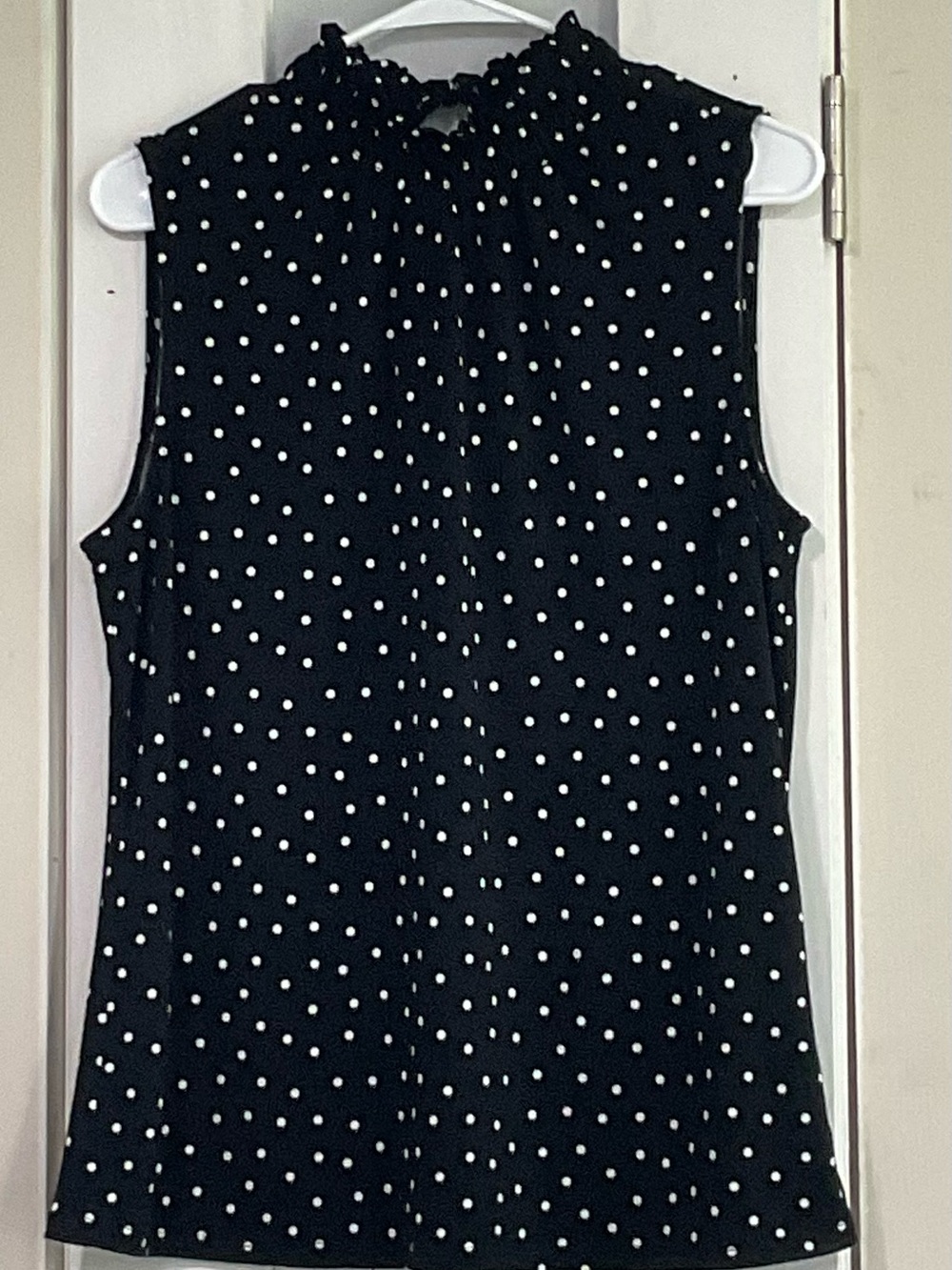 Adriana Papell Sleeveless Ruffled Neck Polka Dot Top - Black & White large